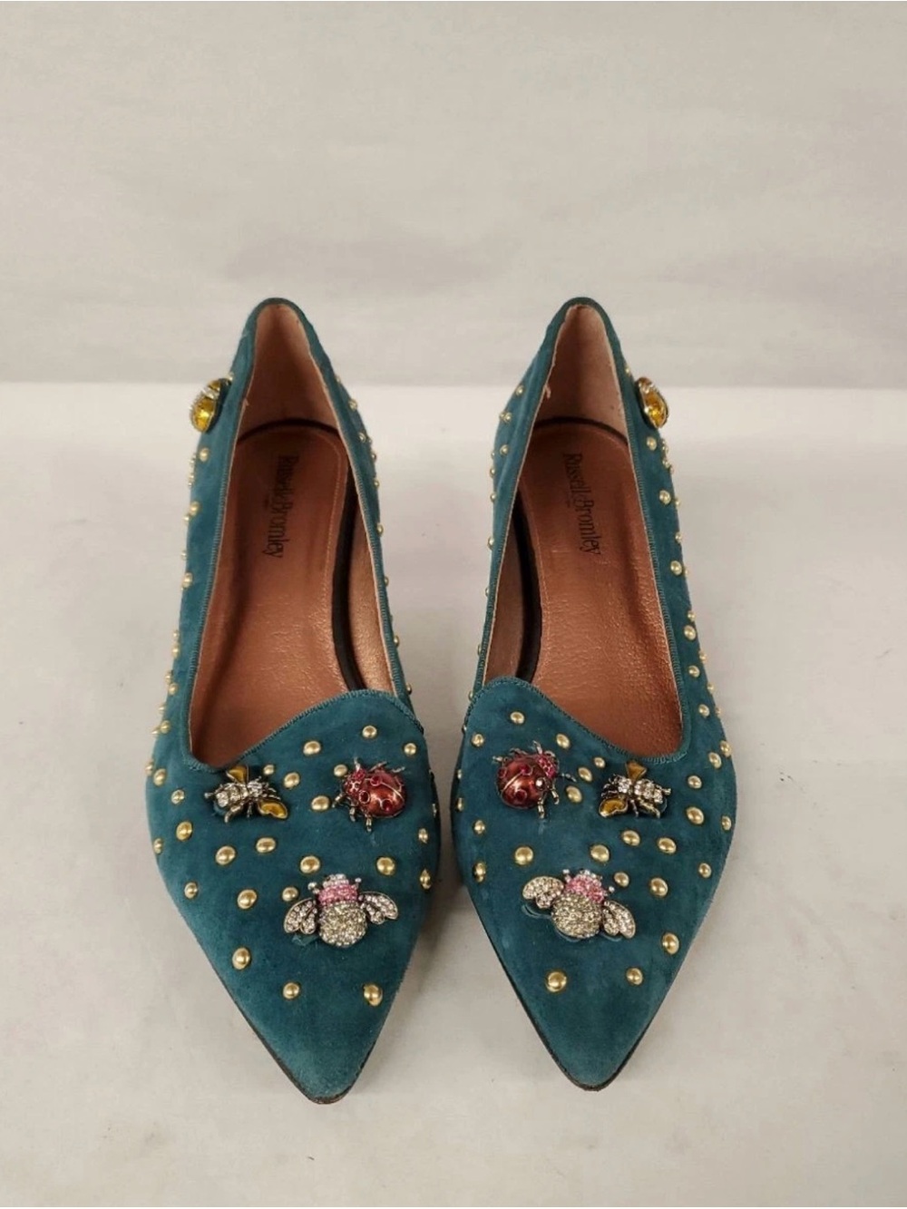 Russell & Bromley Embellished Teal Suede Pointed-Toe Flats - Women 41